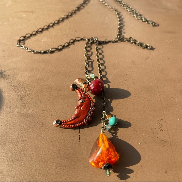 Handmade OOAK Artisan Moon and Amber Lariat Necklace - Picture 4 of 6